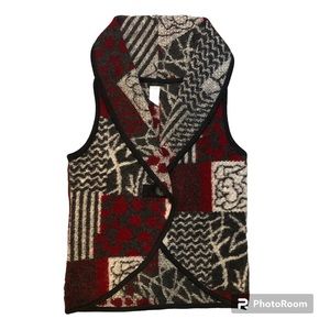 Sweater Vest, Greys/Cranberry, Sz L, 80% Wool, Shawl Collar, EUC